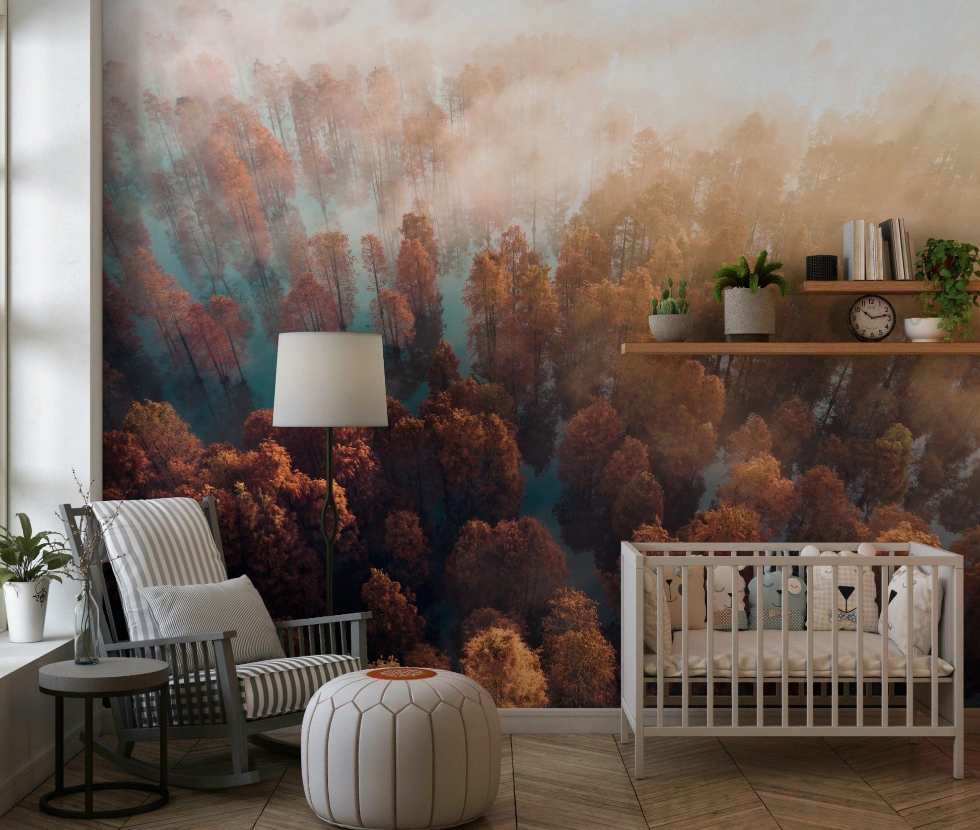 Aerial view wallpaper, swamp cypress trees, foggy morning light, Misty Autumn Forest.