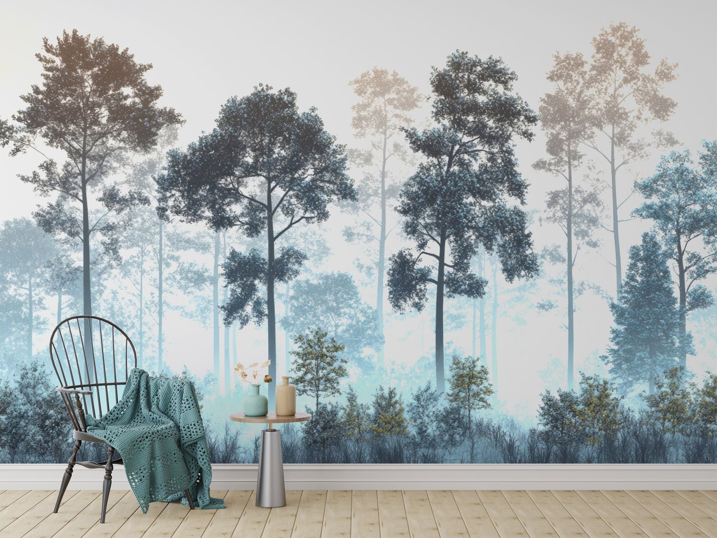 Misty Blue Forest wall mural shown as a full-wall mural with a Windsor chair and small side table