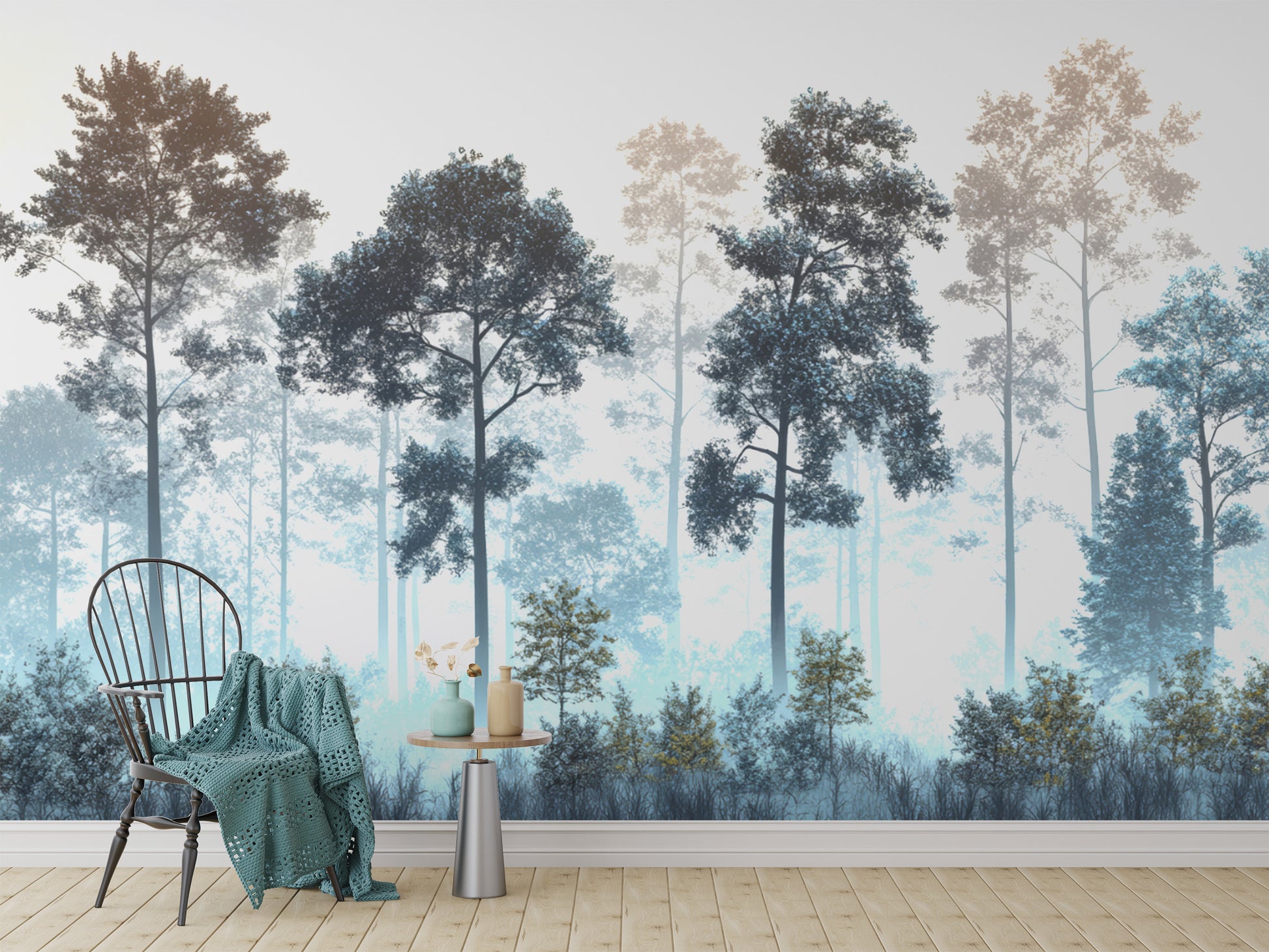 Misty Blue Forest wall mural shown as a full-wall mural with a Windsor chair and small side table