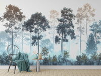 Misty Blue Forest wall mural shown as a full-wall mural with a Windsor chair and small side table