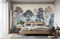 Misty Blue Forest wall mural above a light wood bed with grey bedding and shutters in a bedroom