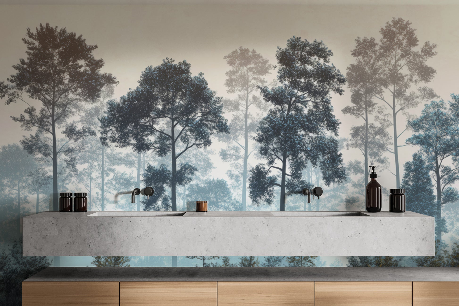 Misty Blue Forest wall mural above a floating stone double vanity with amber bottles in a bathroom