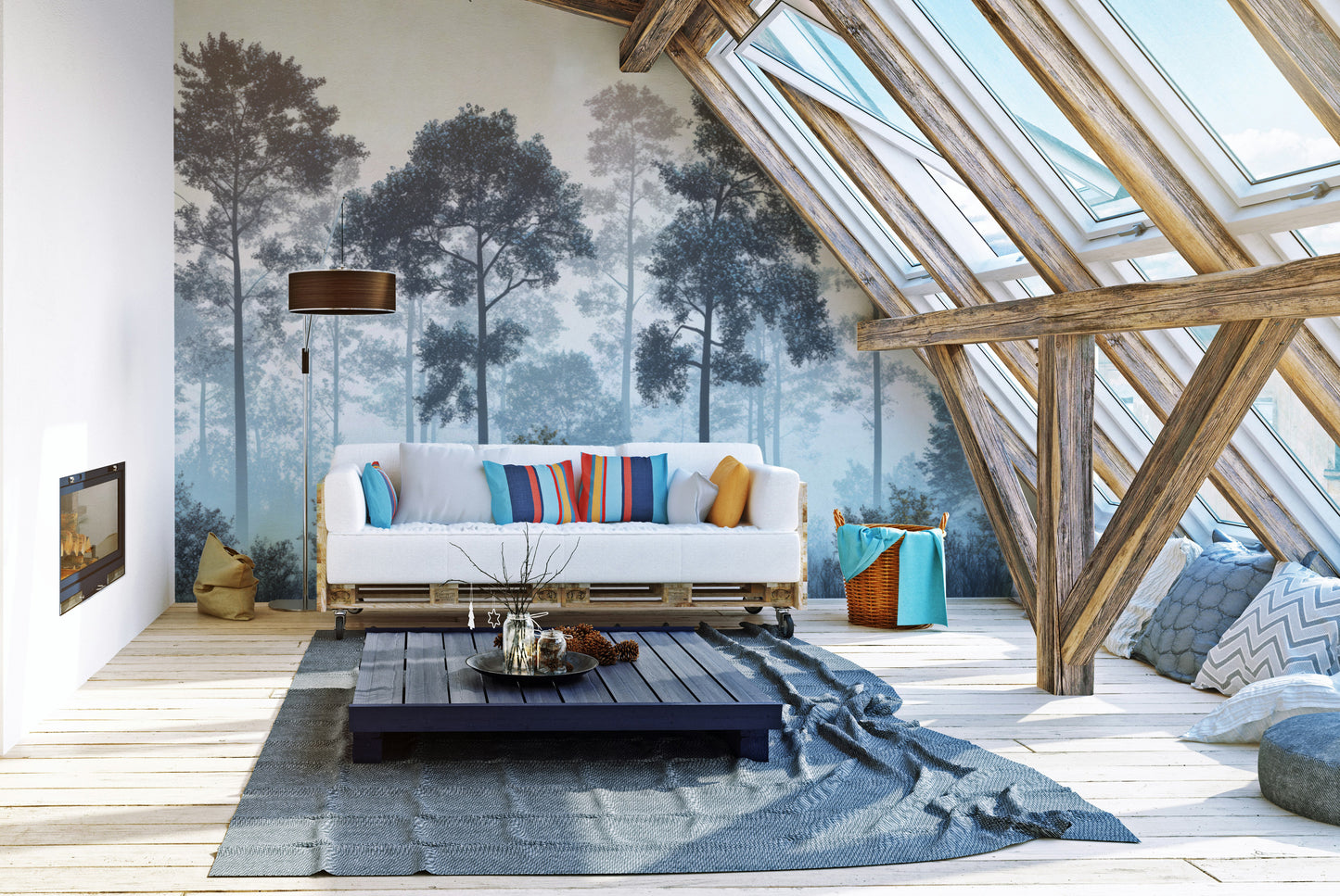 Misty Blue Forest wall mural in a sunlit attic loft with a white pallet sofa and rainbow cushions