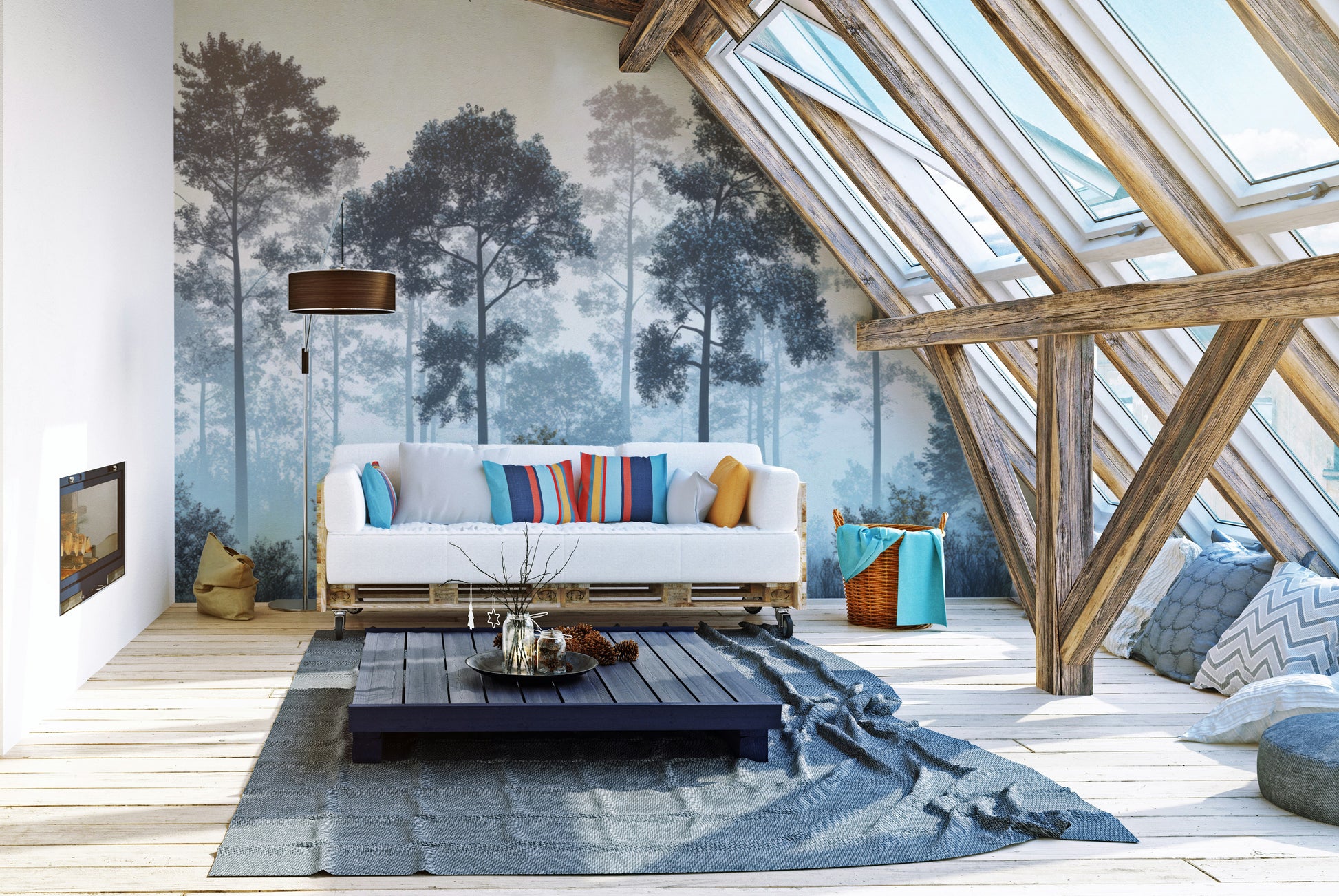 Misty Blue Forest wall mural in a sunlit attic loft with a white pallet sofa and rainbow cushions