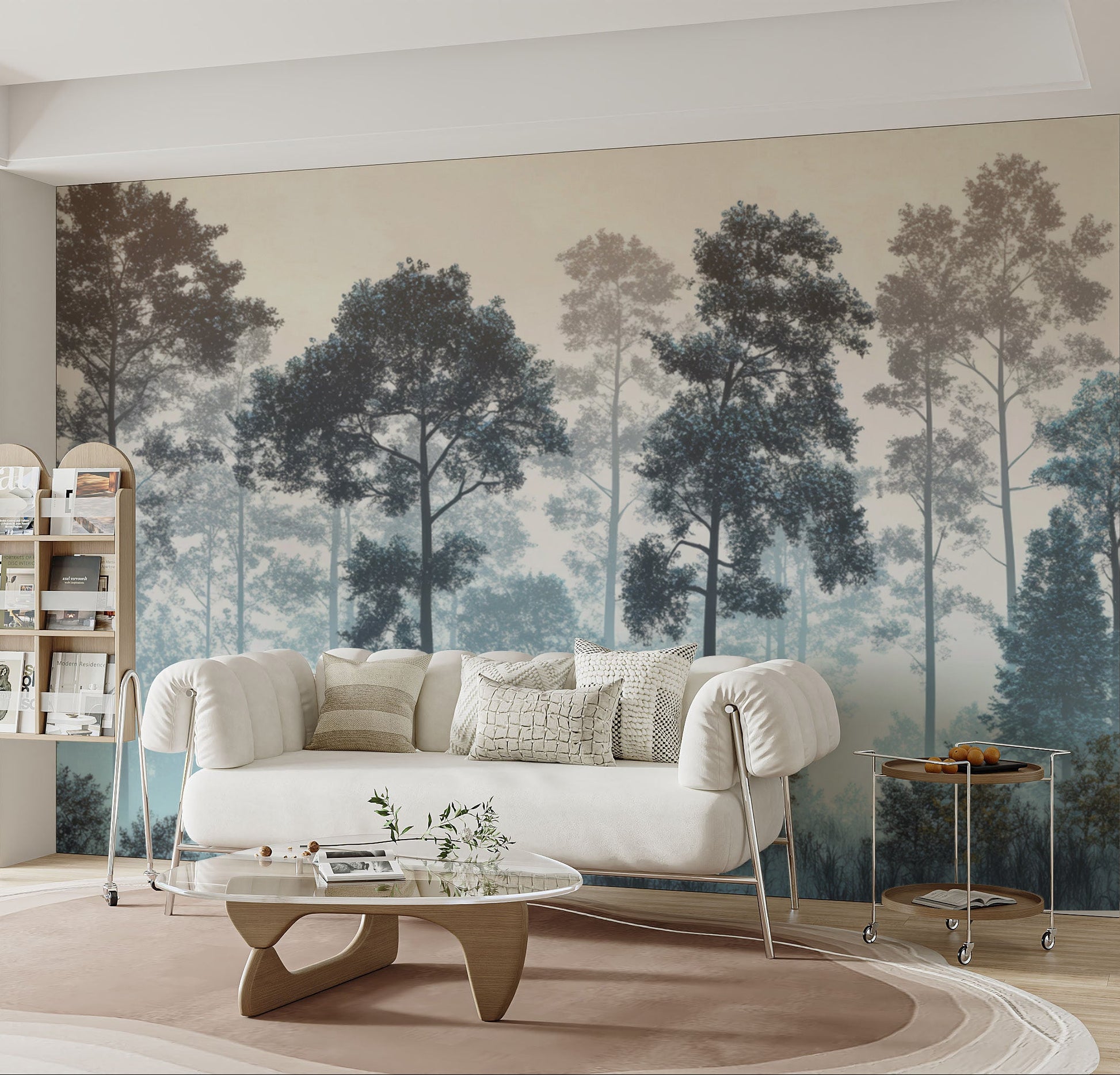Misty Blue Forest wall mural behind a white tufted sofa and glass coffee table in a living room