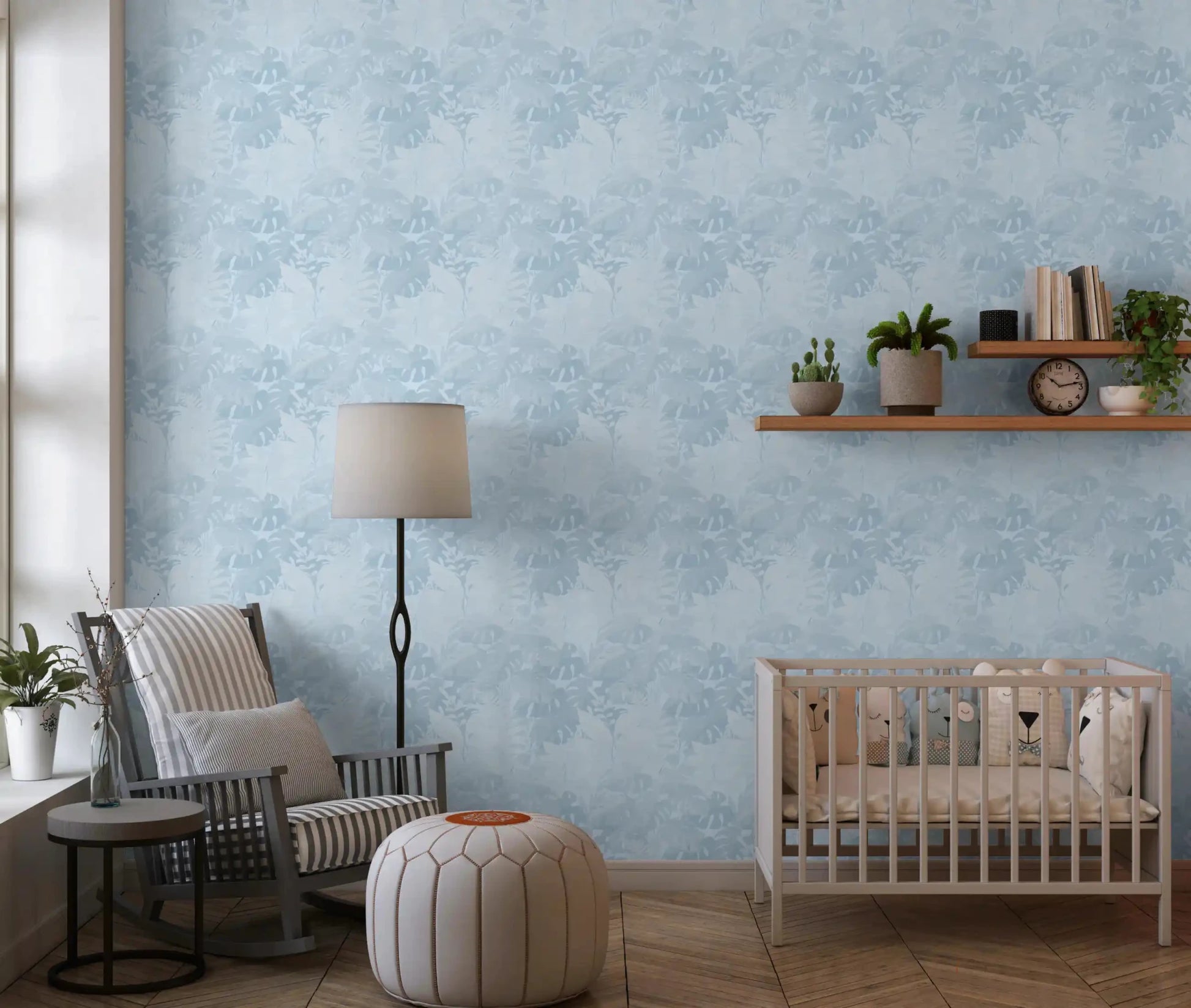 Misty BlueLeaf wallpaper showing soft tropical leaf pattern