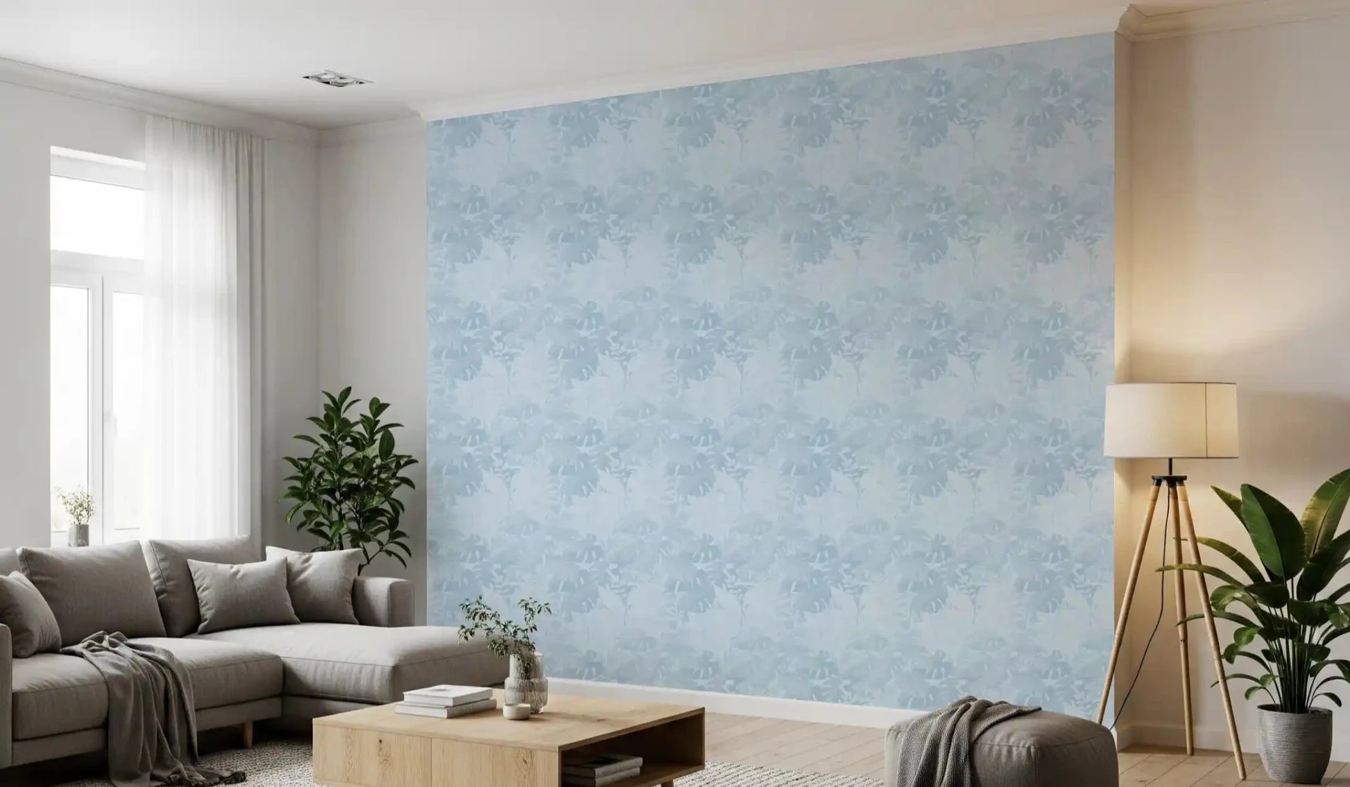 Hallway Misty BlueLeaf wallpaper featuring pale blue foliage