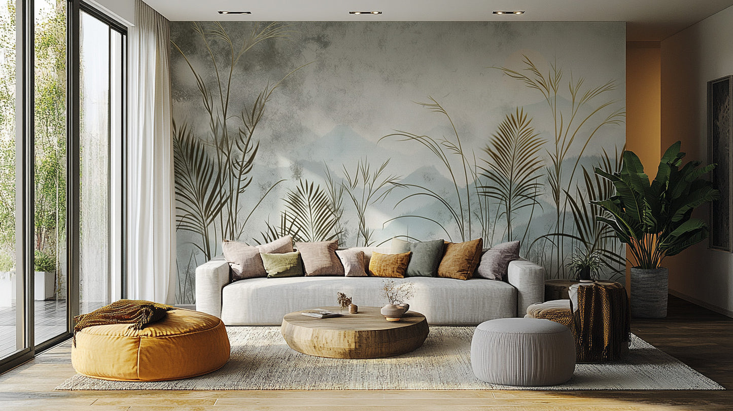 Tropical leaves wall mural with misty mountain backdrop
