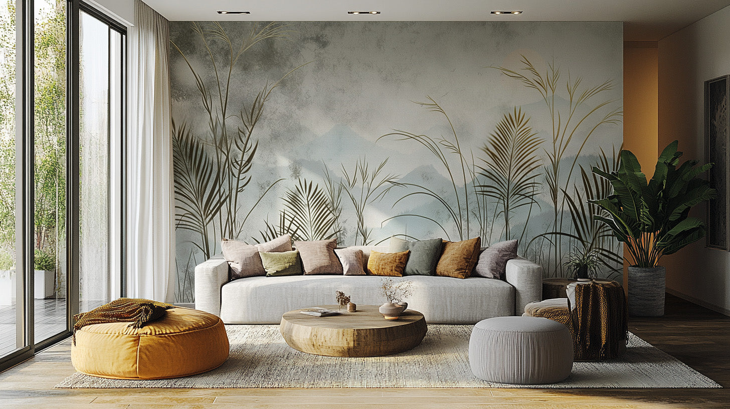 Tropical leaves wall mural with misty mountain backdrop
