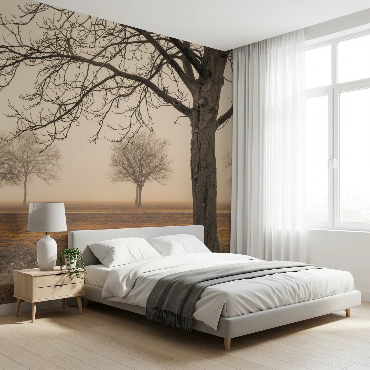 Misty Countryside wallpaper mural of bare trees in morning mist behind an upholstered bed in a bright bedroom