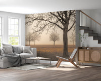 Misty Countryside wallpaper mural of foggy bare trees above a grey sofa and rattan sideboard beside a staircase