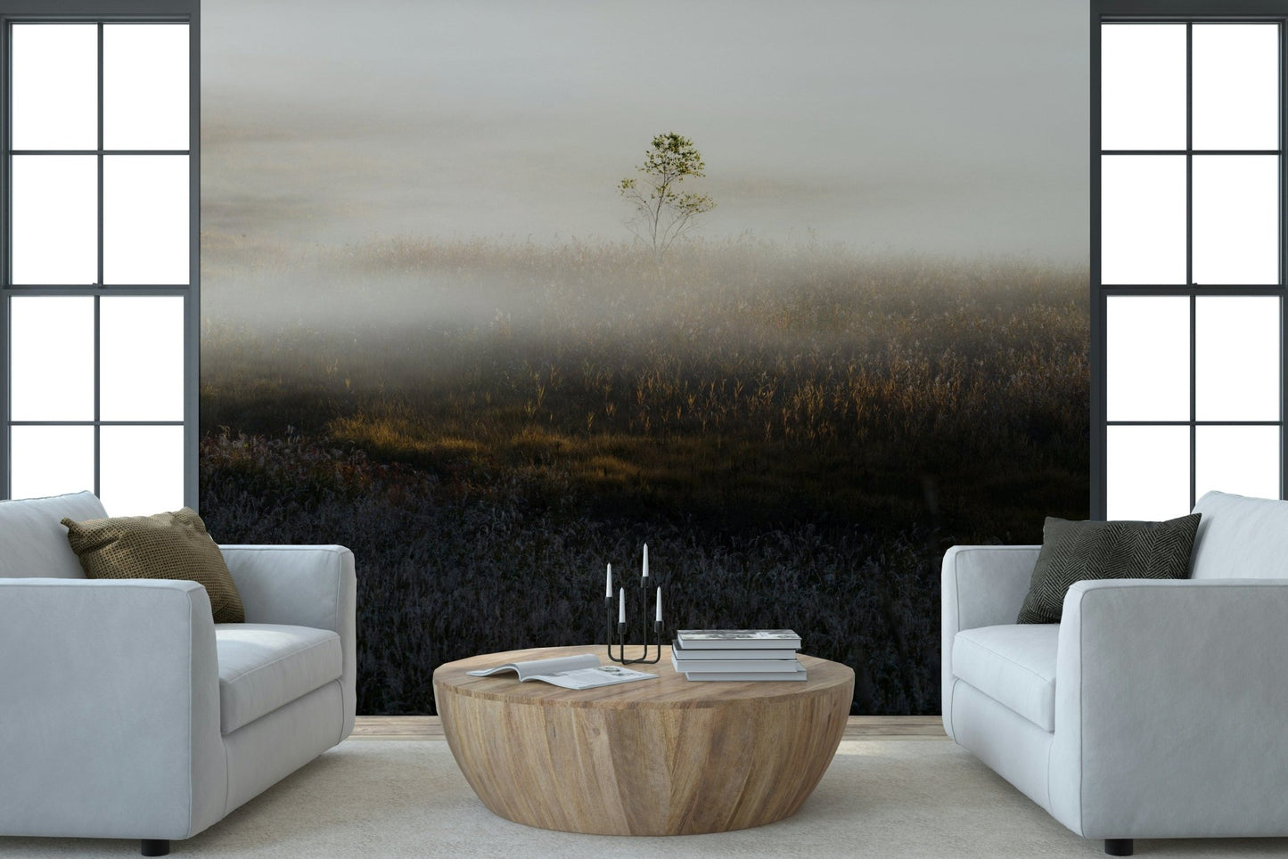 Thick mist covering field defines Misty Dawn Meadow for walls.