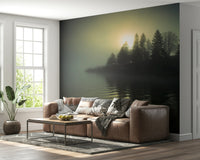 Studio wall decor featuring misty sunrise mural, subtle tones and airy background