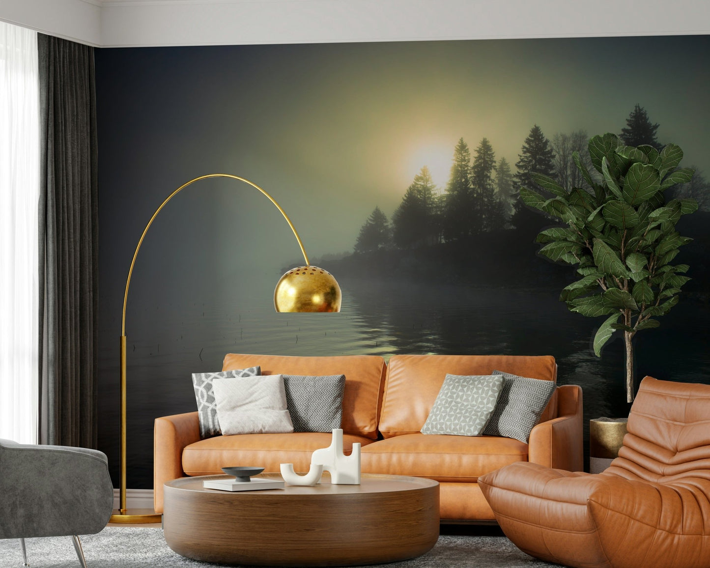 Reading nook wall decor with misty dawn wallpaper mural, calm sky and gentle haze