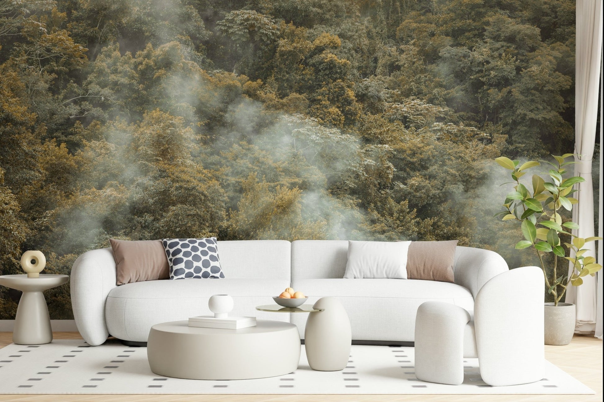 Misty Forest Canopy wallpaper, serene jungle landscape with ethereal fog.