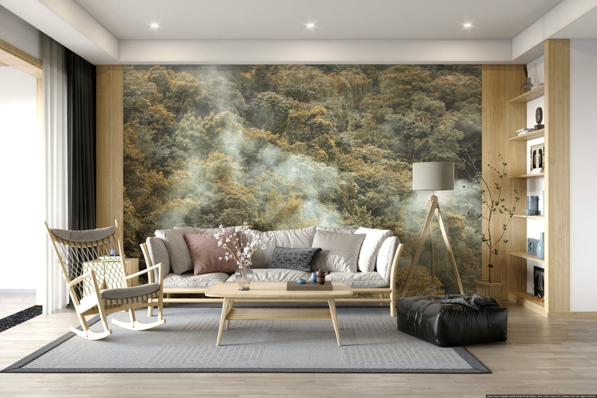 Jungle trees and flowing mist, Misty Forest Canopy scenic wall decor.
