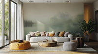 Foggy woodland wallpaper design in soft beige
