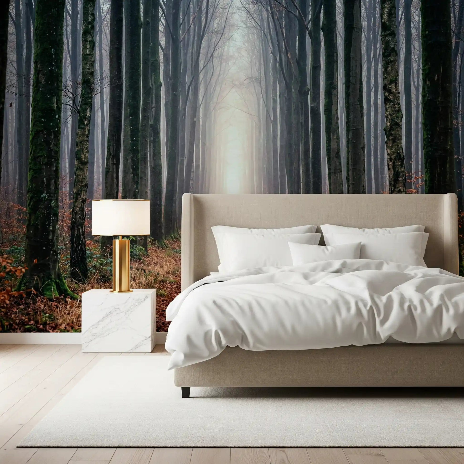 Bedroom foggy forest wall mural tree lined trail scene