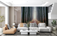 Nature forest wall mural misty pathway tree lines