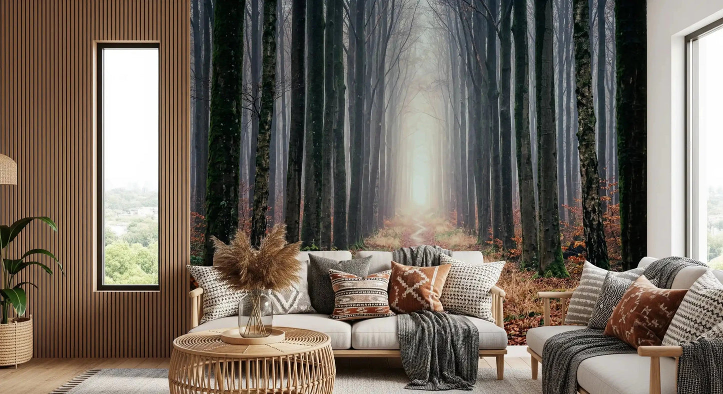 Woodland trail misty wall mural with fog and earthy tones