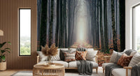 Woodland trail misty wall mural with fog and earthy tones
