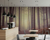 Woodland forest wall mural in dining room, layered trees, natural color feature wall