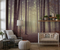 Misty forest mural for home office, deep green woods, modern wall decor backdrop