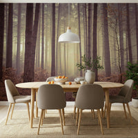 Forest landscape mural for reading nook, muted green palette, cozy wall background