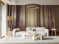 Enigmatic Beauty of Forest Wall Mural in hallway, foggy forest depth, statement wall decor