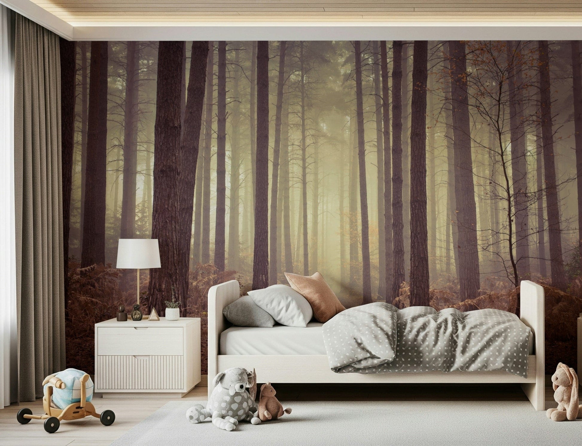Enigmatic Beauty of Forest Wall Mural in bedroom, tall trees and fog, calm wall accent