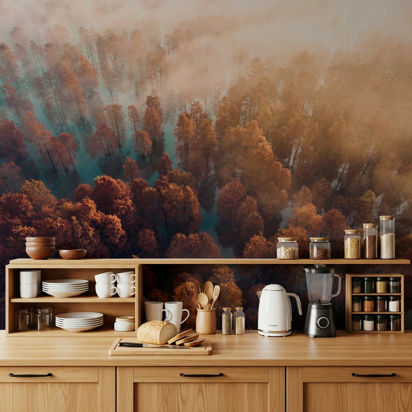 Misty Autumn Forest accent wallpaper, sunlit fog layer, warm light glow.