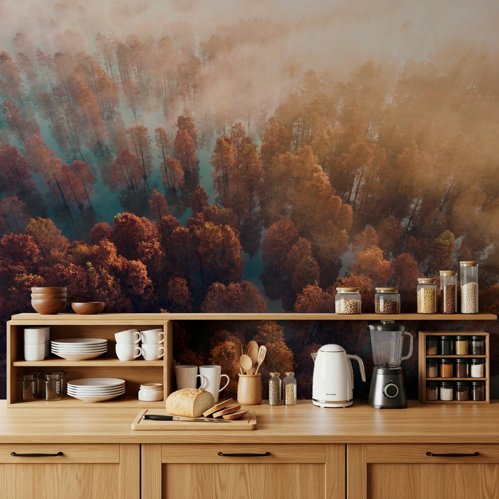 Misty Autumn Forest accent wallpaper, sunlit fog layer, warm light glow.