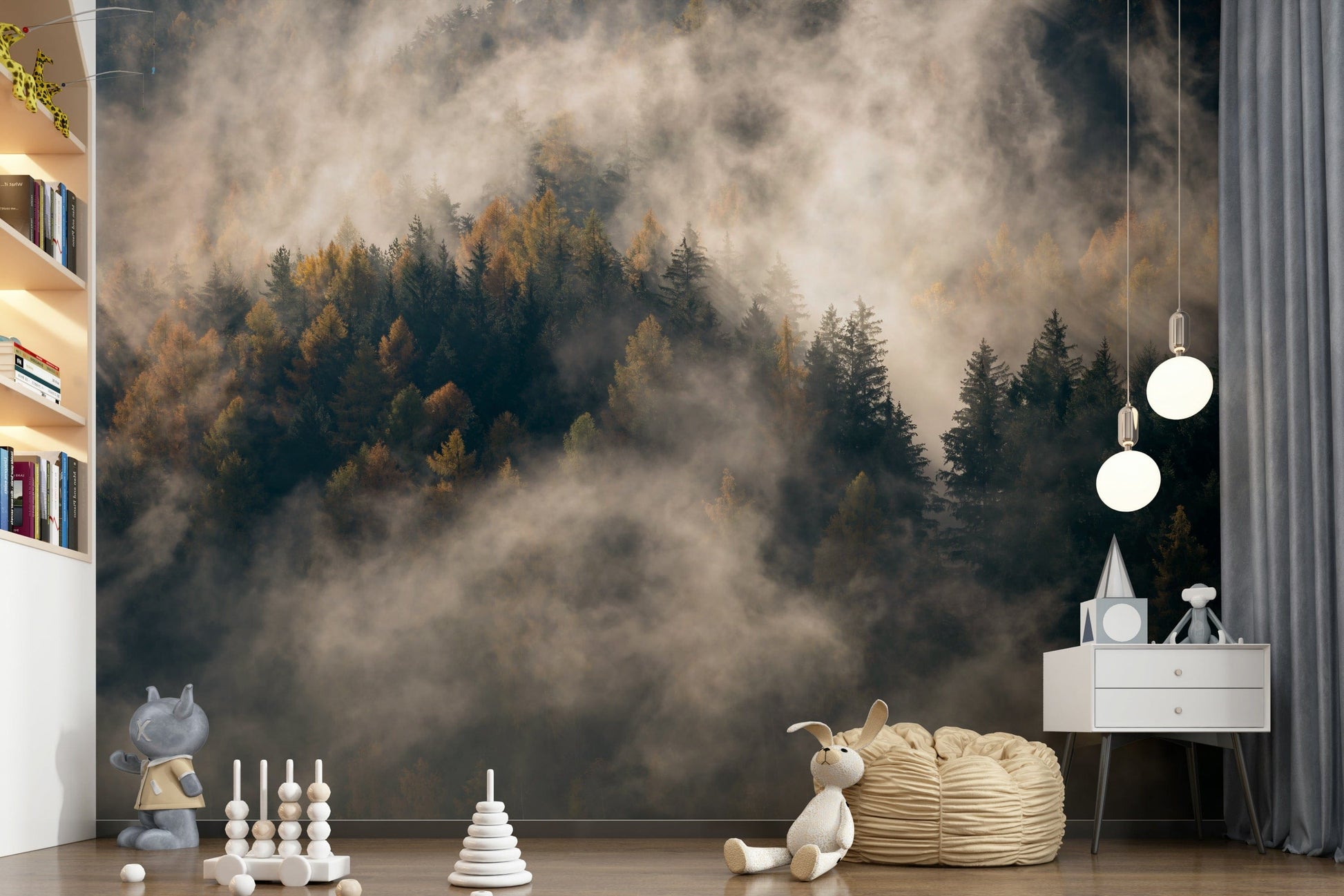 Moody foreground silhouette on Misty Woods Serenity accent wall.