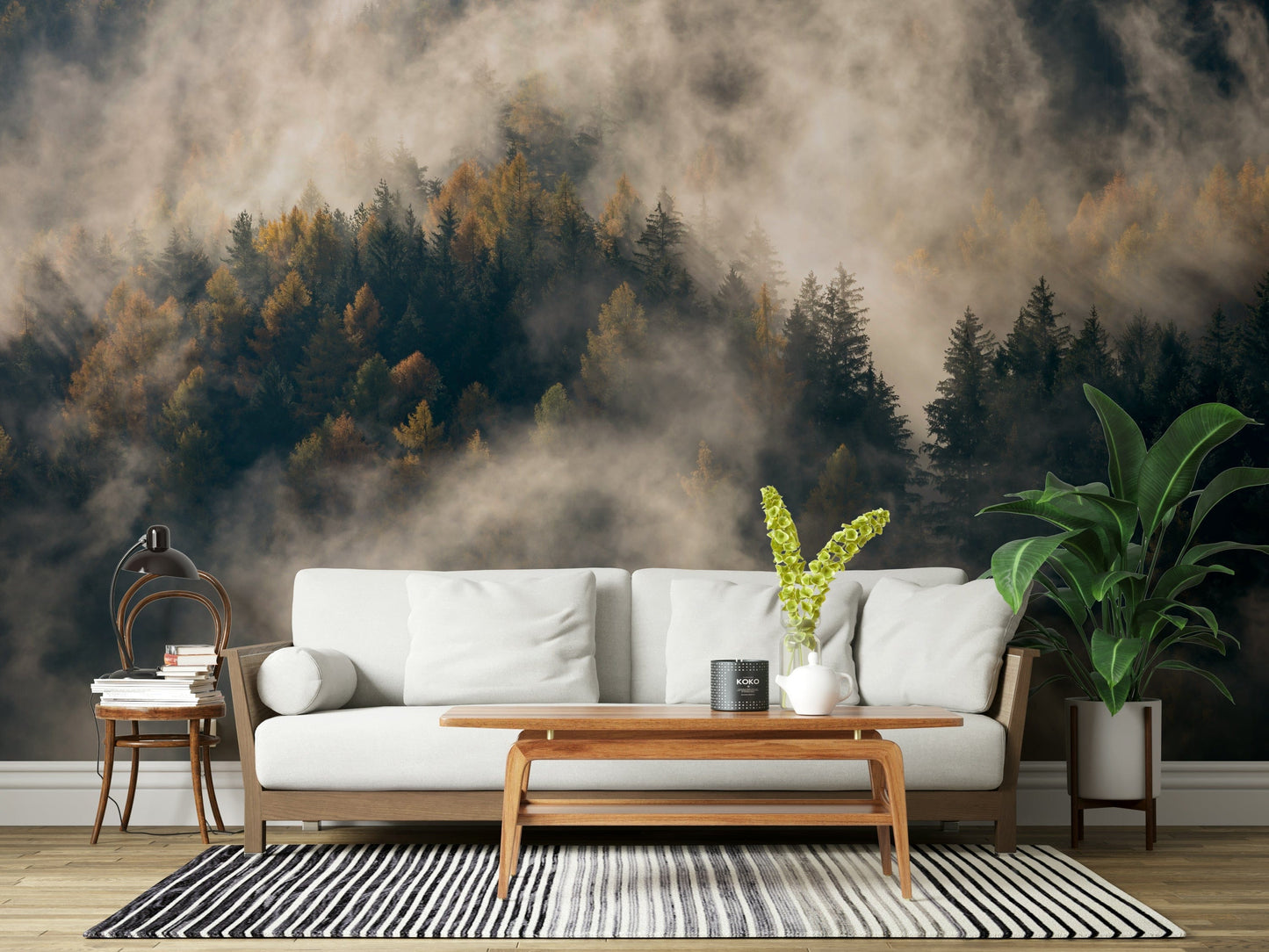 Atmospheric thick fog on Misty Woods Serenity mural art.