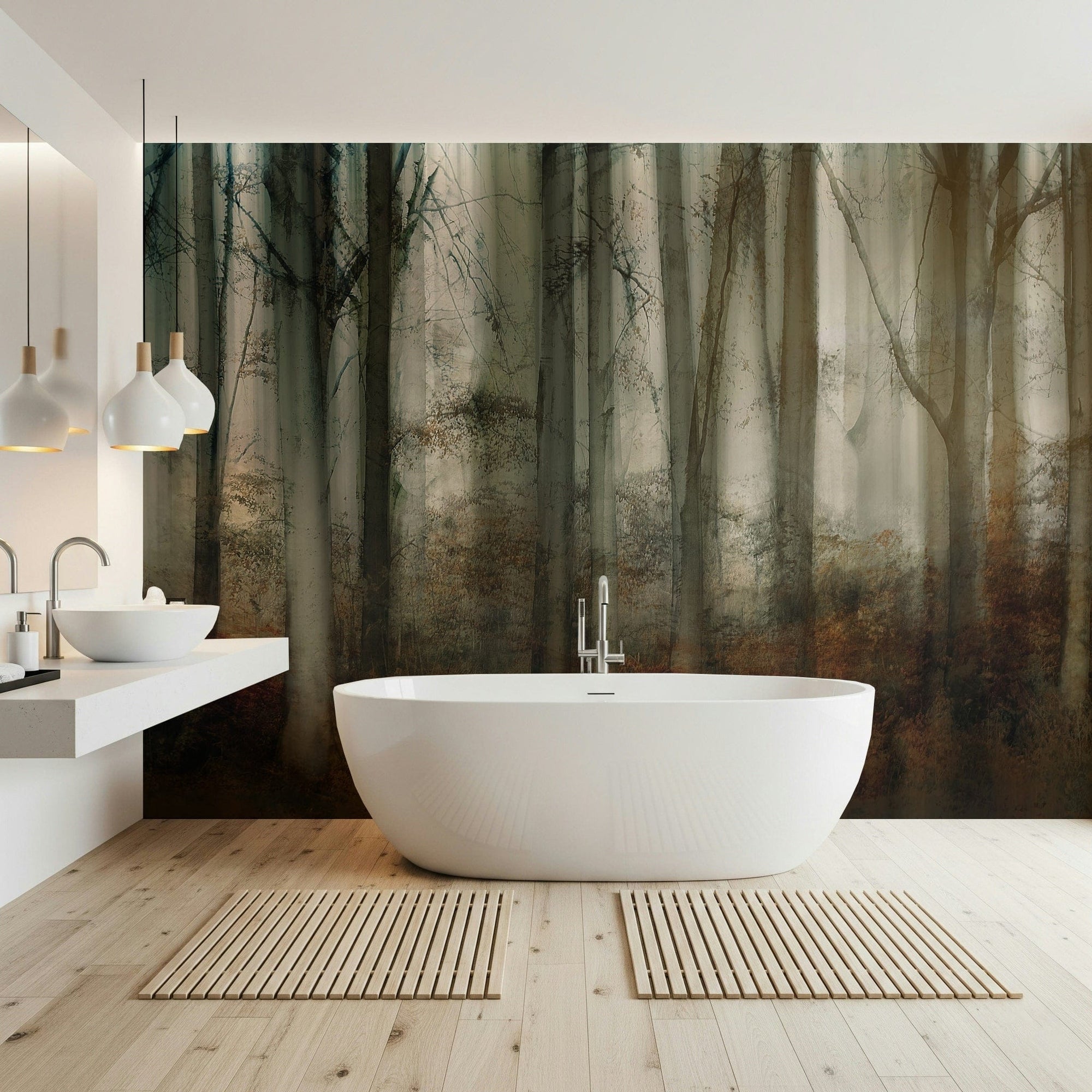 Enchanted Forest Haze wallpaper mural of a misty woodland behind a freestanding tub in a bright bathroom