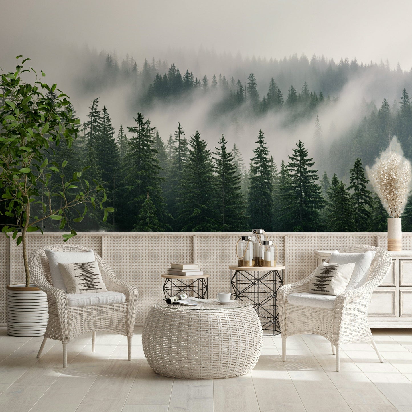 Hazy forest wall mural for bedroom, calm tree silhouettes and light fog