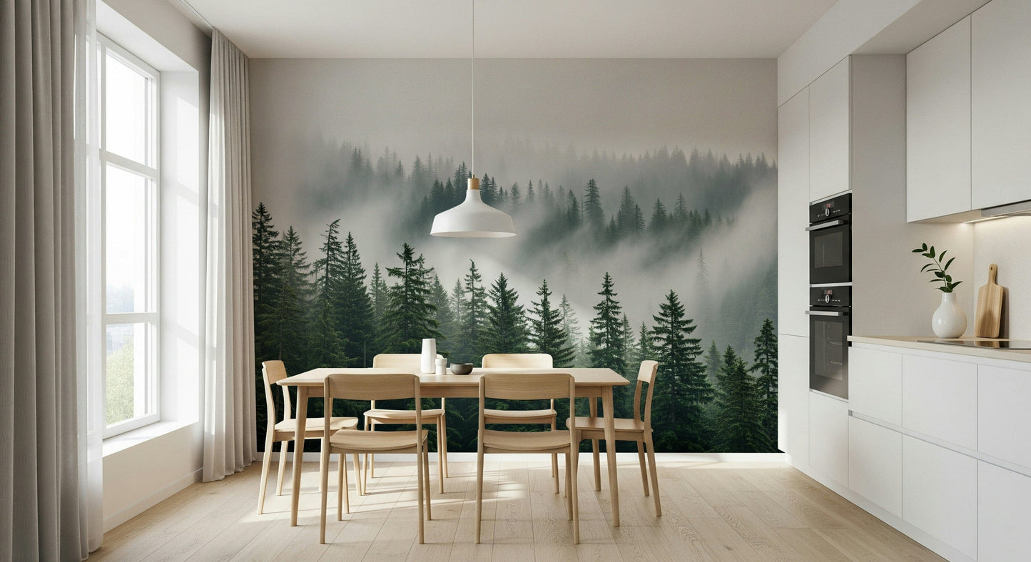 Forest fog wall mural for reading corner, muted colour palette and natural scene