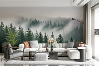 Woodland Haze Wall Mural behind sofa, soft foggy trees in modern wall decor style