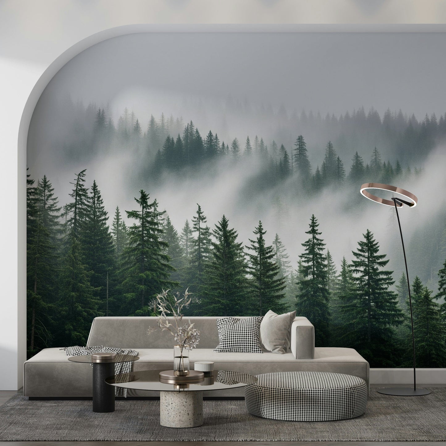 Hazy forest wallpaper mural for bedroom headboard wall, muted green and gray tones