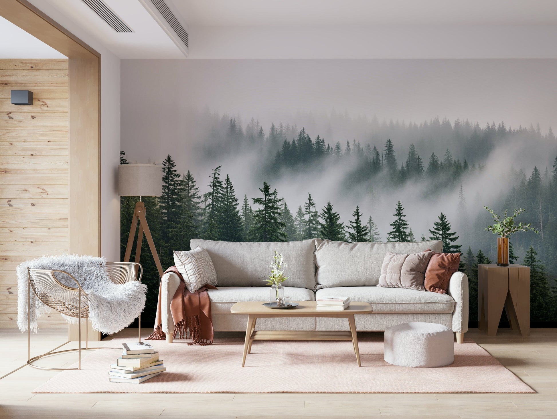 Woodland mural for office meeting room, muted forest tones for a tidy backdrop