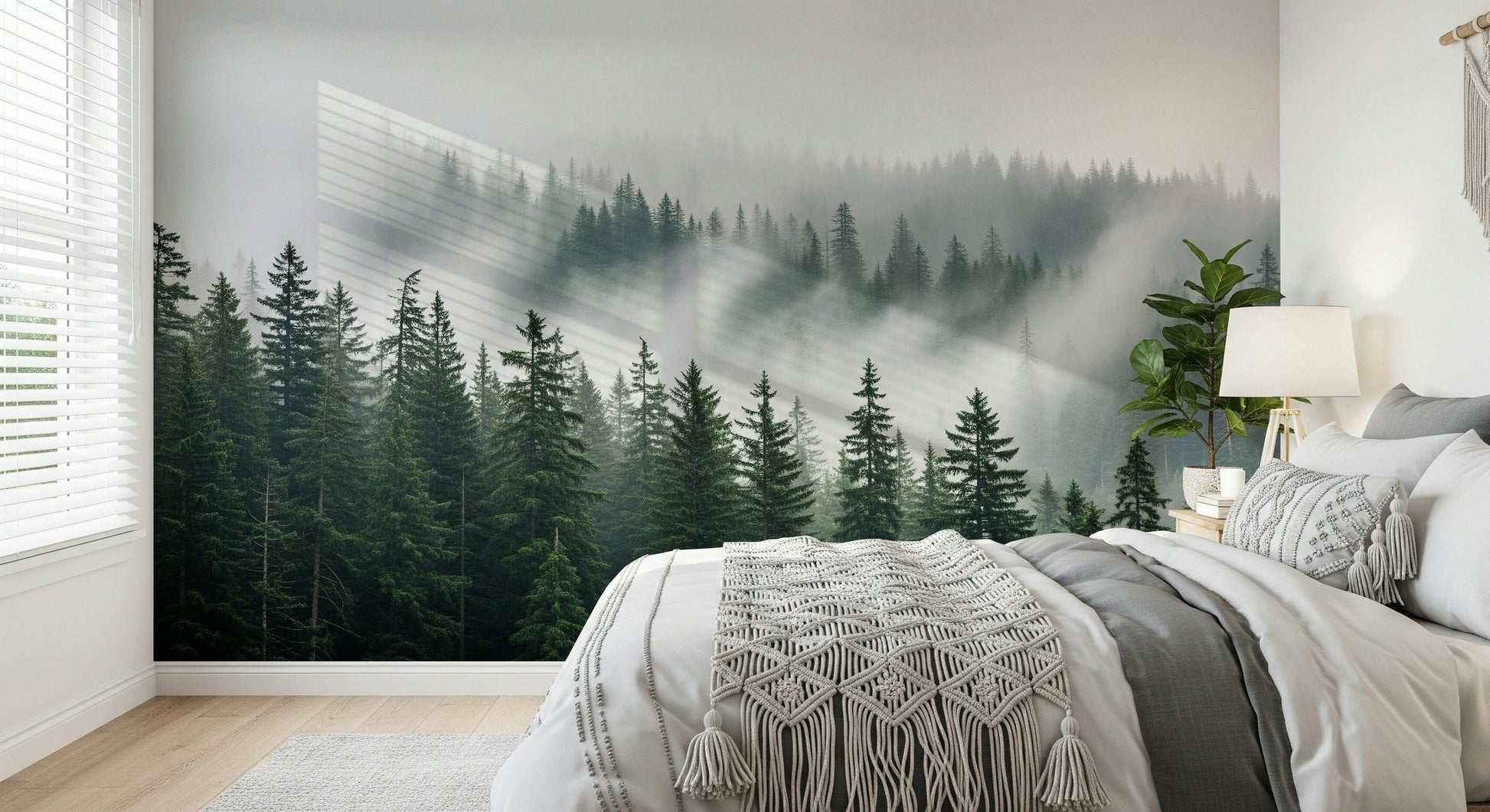 Woodland haze landscape wallpaper for nursery, gentle greens with light mist effect
