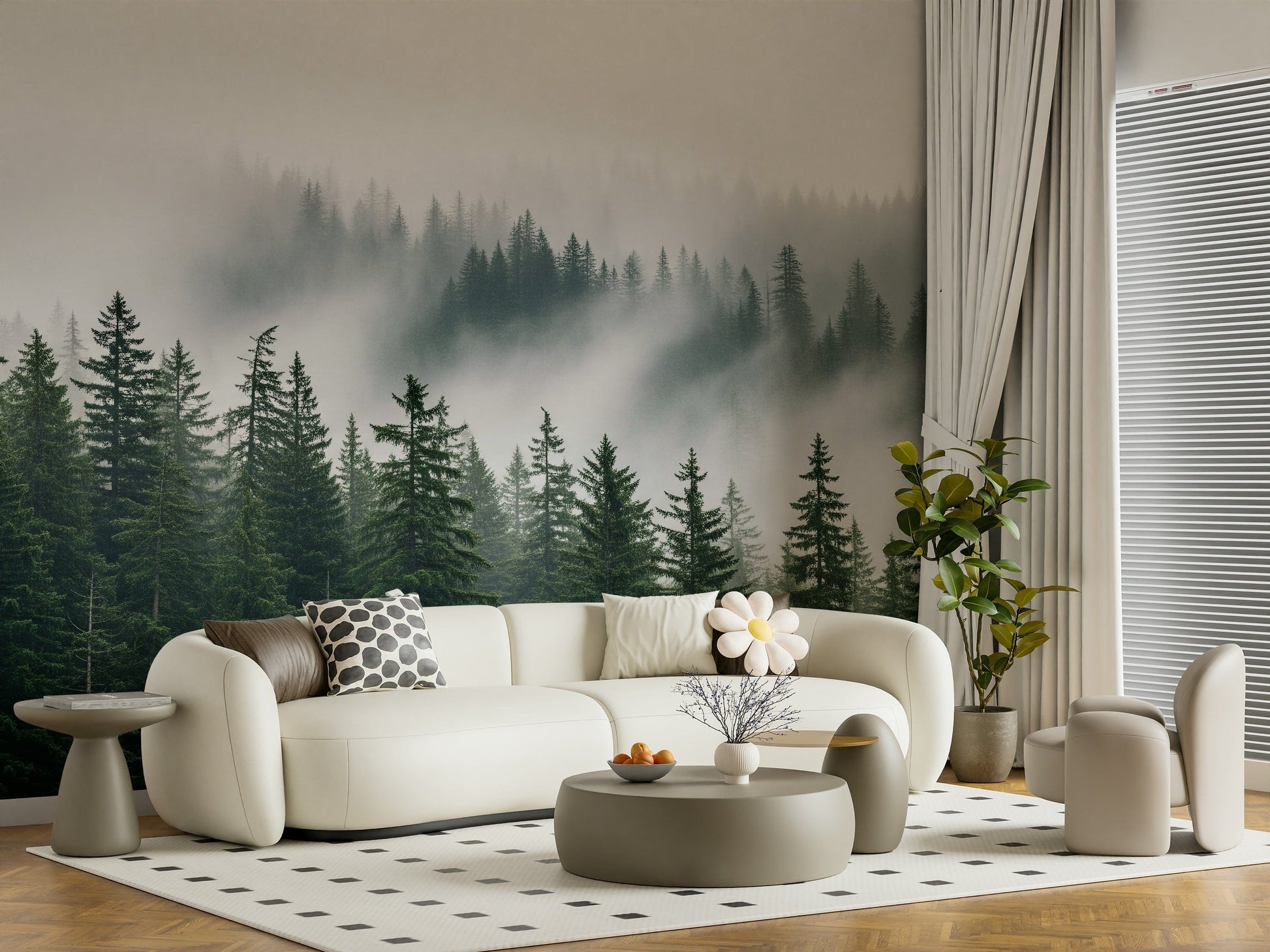 Minimal misty tree wall mural for apartment dining nook, quiet woodland palette