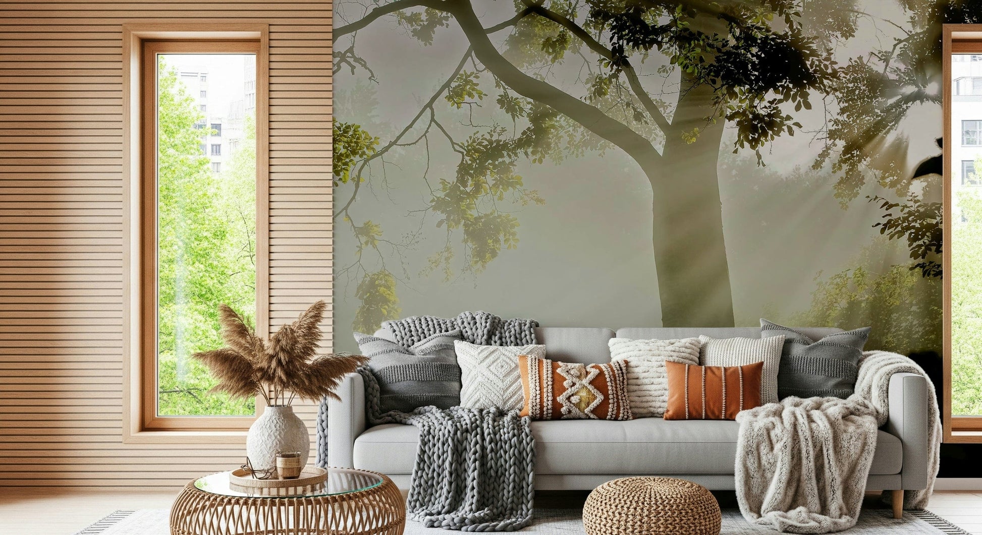 Removable wallpaper Forest Serenity, captivating forest photo, misty ambiance art.