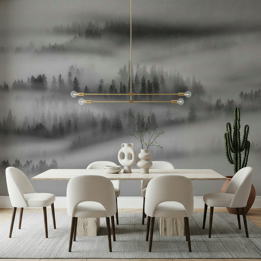 Atmospheric heavy fog on Misty Forest Woodland wallpaper.