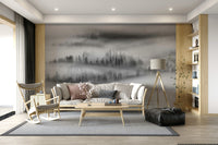 Misty Forest Woodland, beautiful scenic natural black-and-white wallpaper.