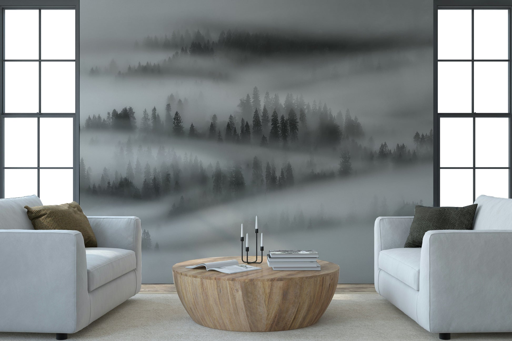 Forest trees shrouded in dense fog, captivating natural wallpaper design.
