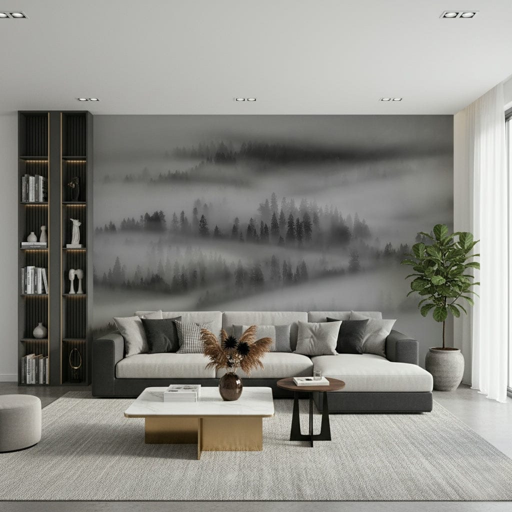 Ethereal forest wall mural, dramatic black-and-white landscape artwork.