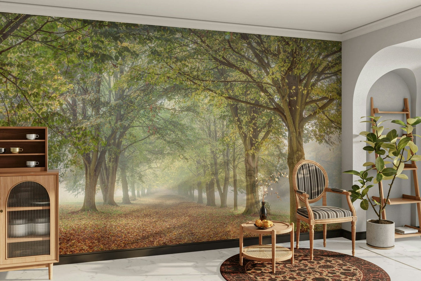 The mural extends across the entire wall, creating a clean backdrop.

