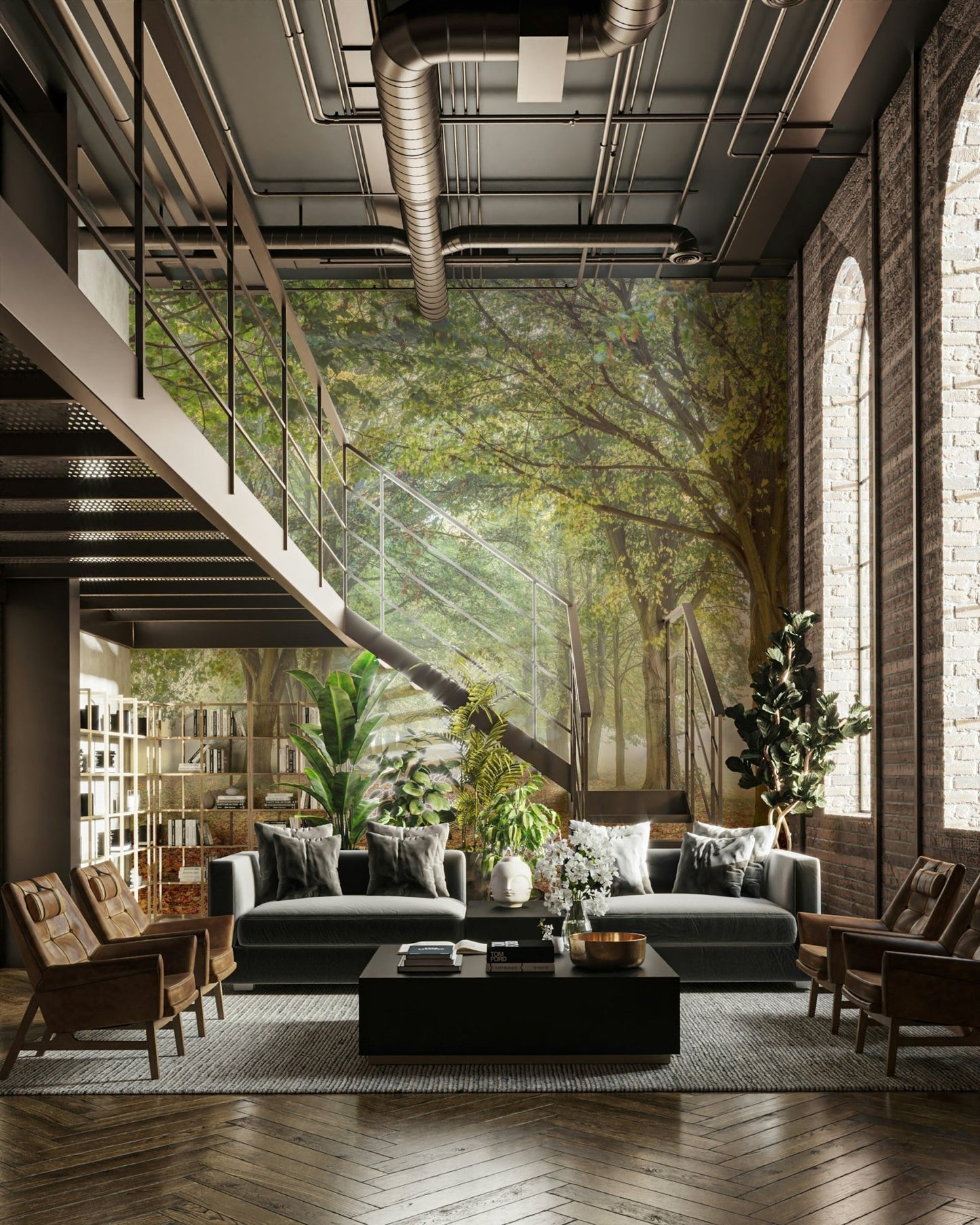 The mural is installed in a calm living room behind a simple, light-colored sofa.

