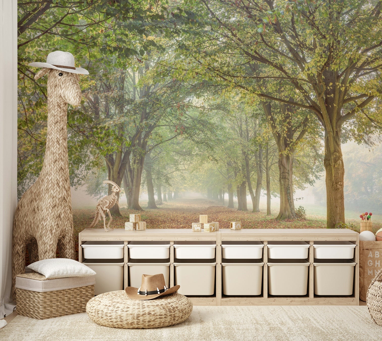 The image shows a full wall with a misty, hazy forest view.

